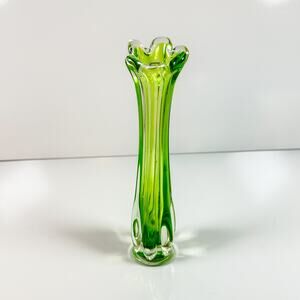Green Sommerso Stretched Art Glass Vase 9" Ruffled Rim Mid Century